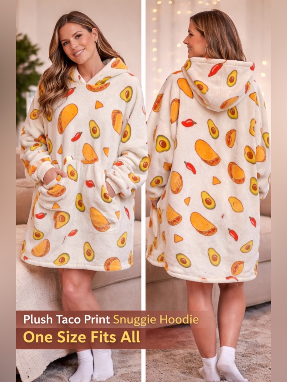 Plush Taco & Avocado Print Snuggie Hoodie - Cream ONE SIZE FITS ALL